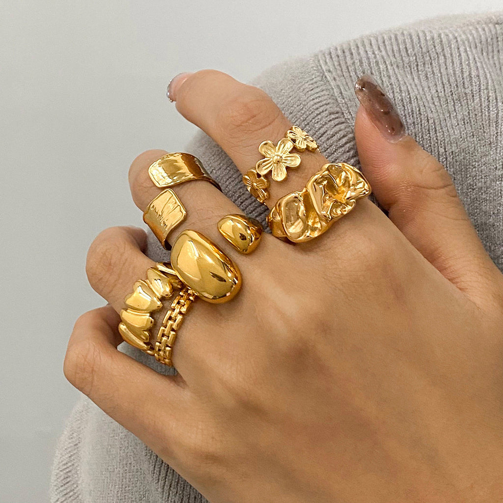 18k Gold Tone Stackable Ring Set - Floral/Irregular/Chain Designs | INS-Style Daily/Brunch Finger Jewelry for Women