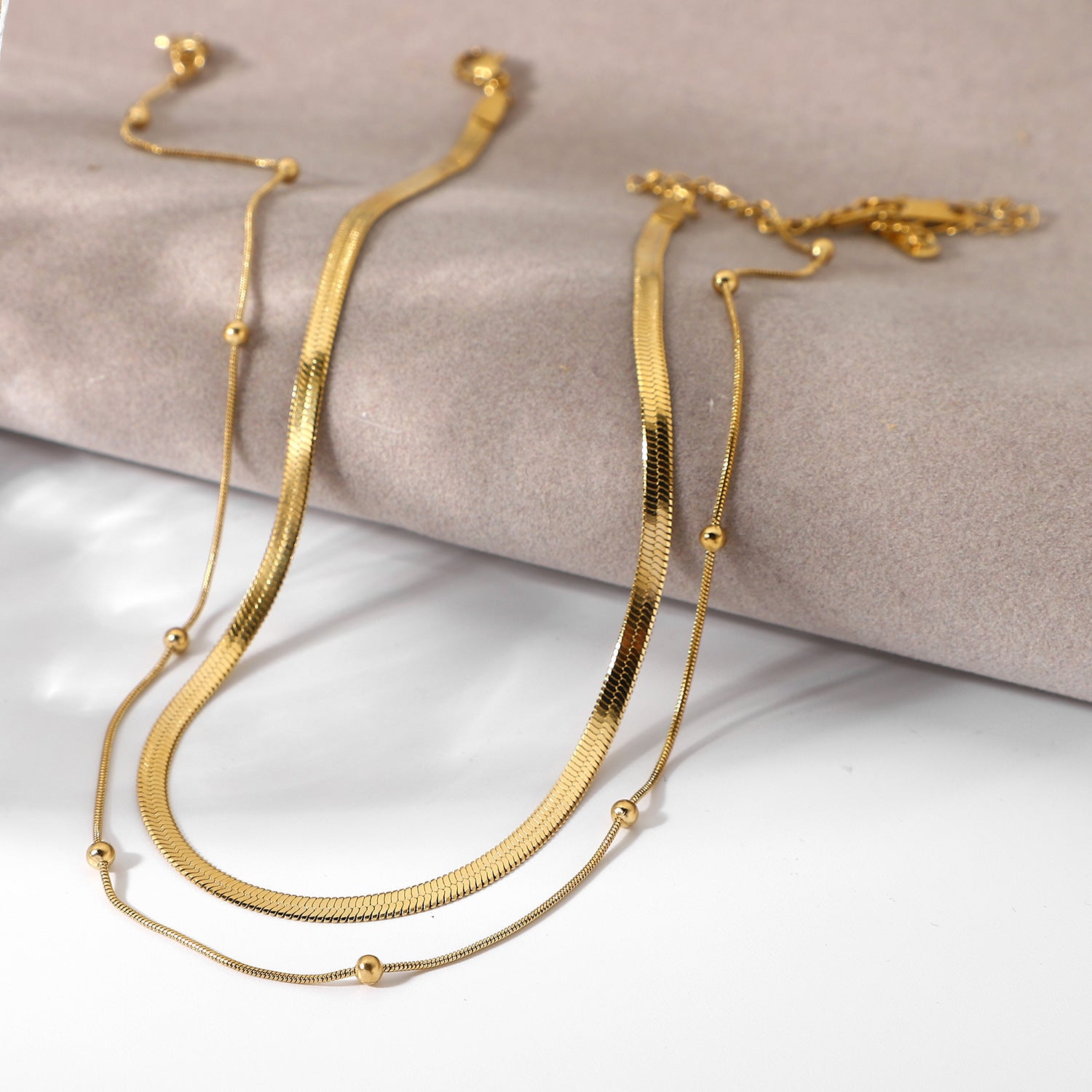 Gold Double-Layer Choker Necklace Set - Snake Chain & Beaded Detail | Modern Minimalist Daily/Brunch Neck Jewelry for Women (Glossy Gold Layered Style)