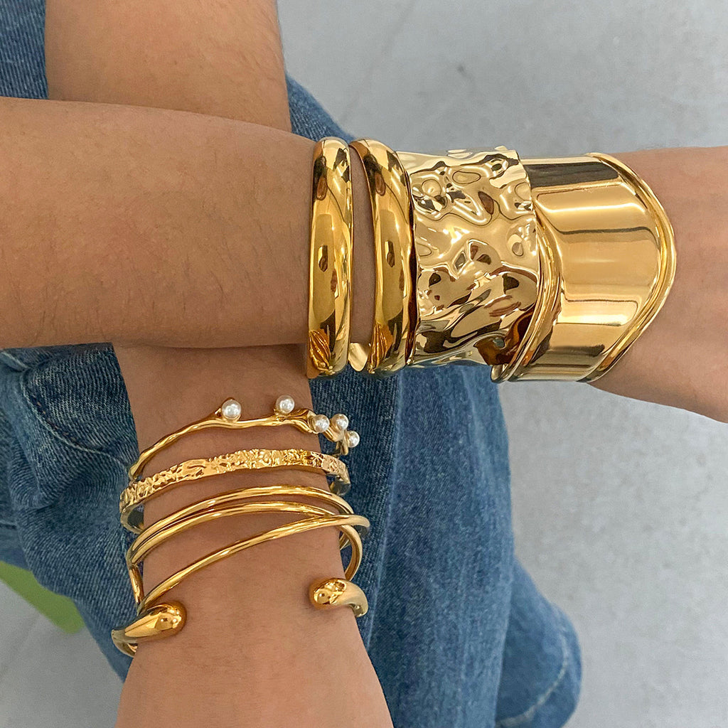 18k Gold Tone Bracelet Set - Hammered Wide Cuffs & Pearl-Accent Thin Bands | INS-Style Stackable Daily/Brunch Wrist Jewelry for Women