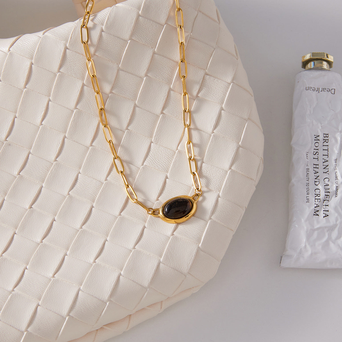 Gold Link Chain Choker Necklace with Oval Tiger Eye Gem Pendant - Elegant Minimalist Statement Jewelry for Women