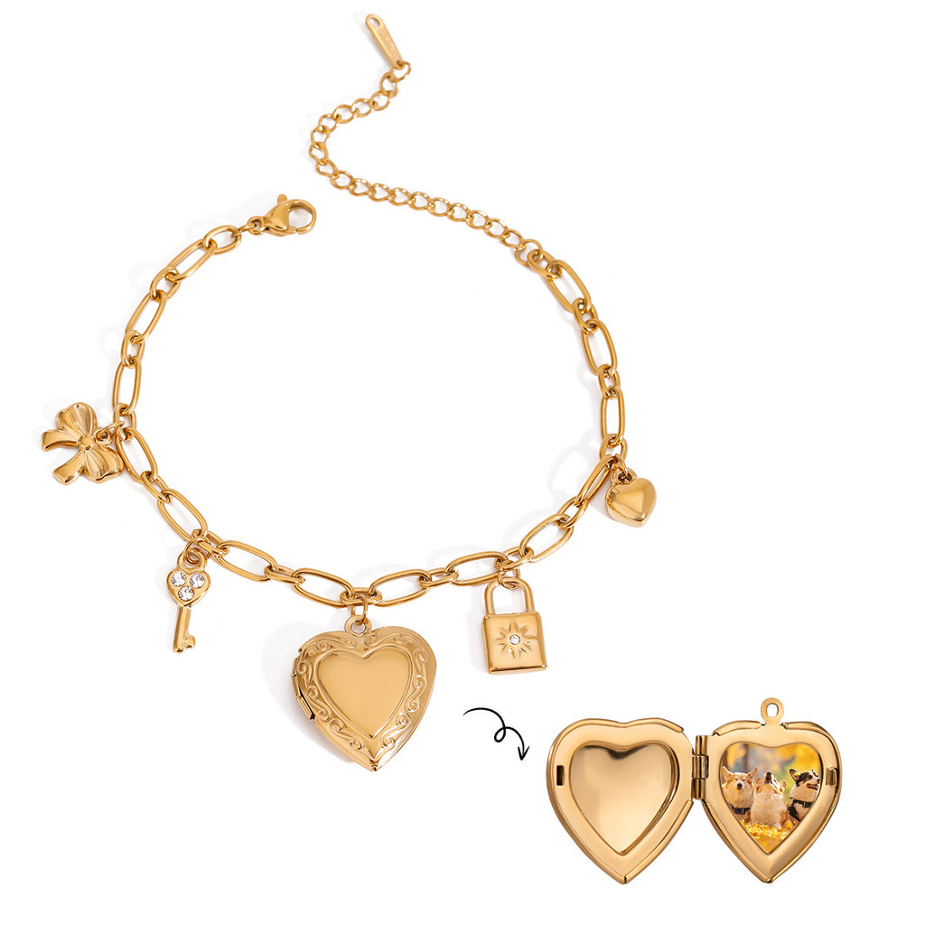 18k Gold Tone Heart Pendant Bracelet Set - Pearl/Star/Bow Charms | INS-Style Stackable Daily/Brunch Wrist Jewelry for Women