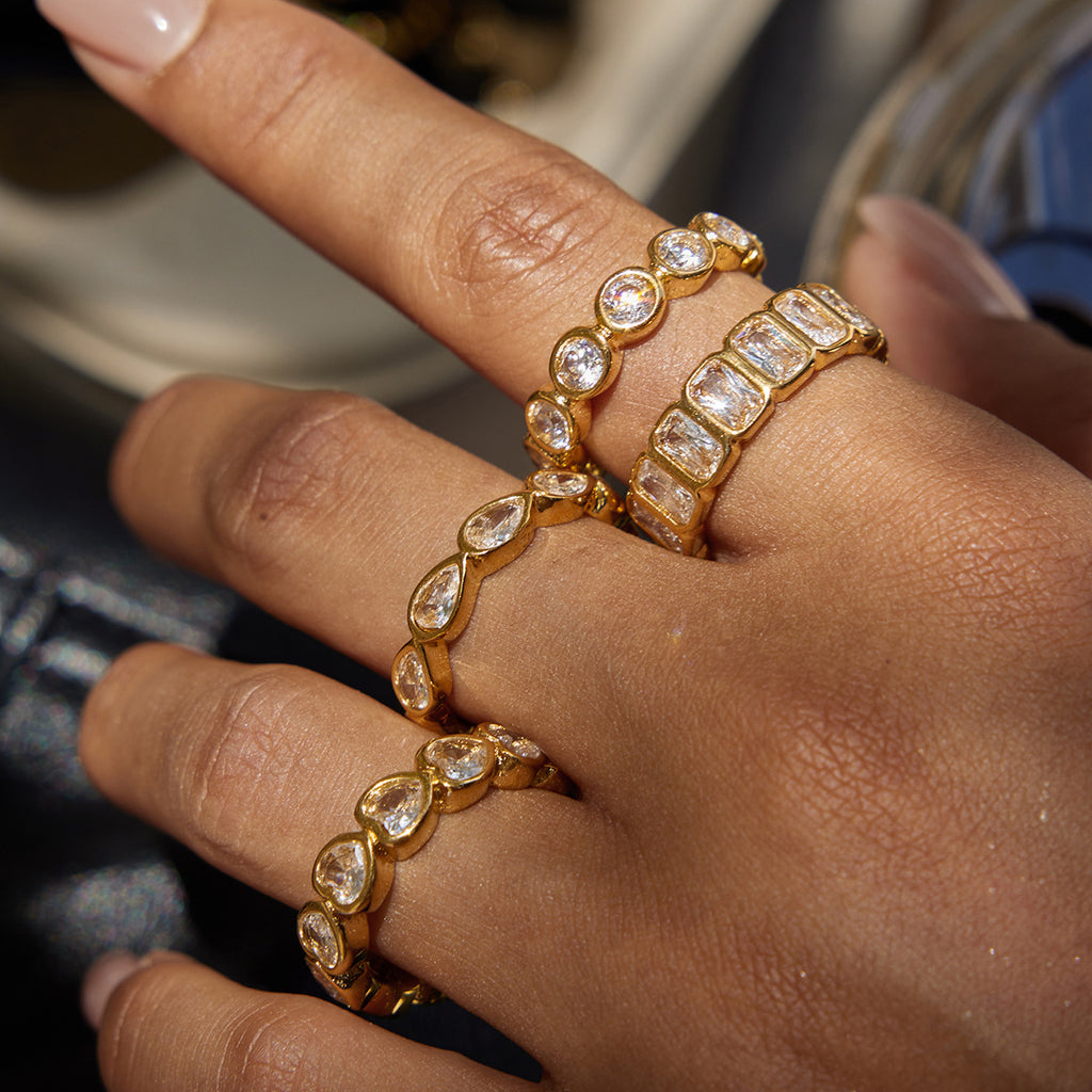 Gold Crystal Ring Set - Teardrop/Square/Heart/Circle Accents | 18k Gold Tone INS-Style Stackable Daily/Brunch Finger Jewelry for Women