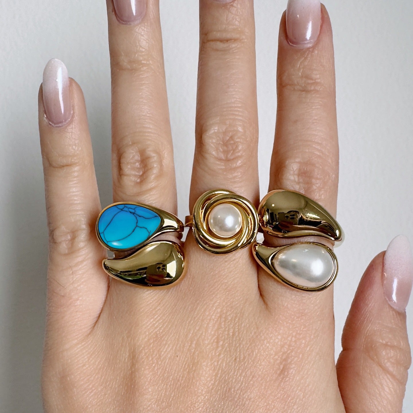Gold Evil Eye Teardrop Ring Set - Turquoise/Pearl/Tiger Eye/Abalone Shell Stackable Statement Jewelry for Women