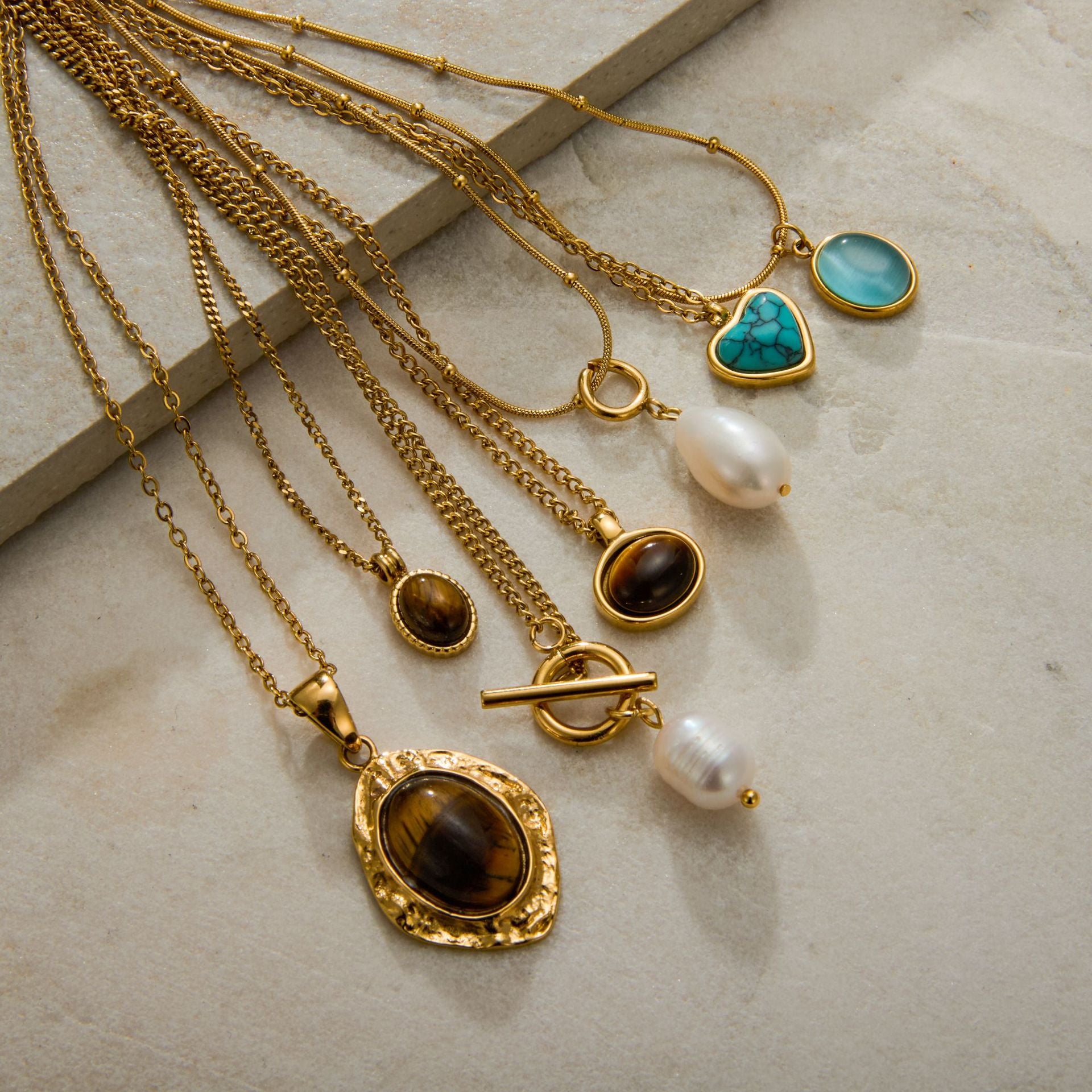 Gold Multi-Style Pendant Necklace Set - Tiger Eye/Turquoise/Pearl Natural Stone Accents | Retro Elegant Daily/Brunch Neck Jewelry for Women (Varied Chain Designs)