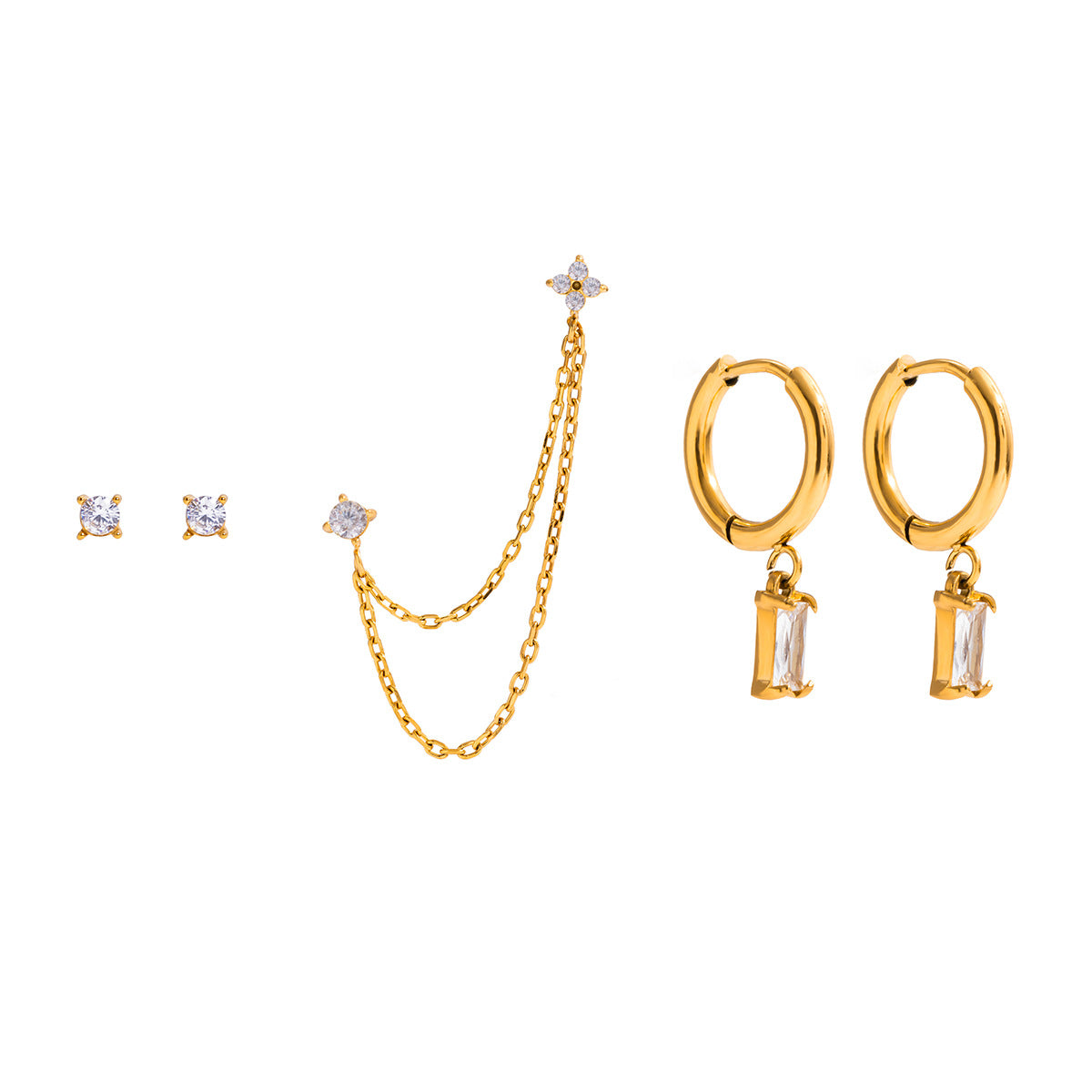 Gold Multi-Piercing Ear Stack Set - Gem-Accented Chain Link Studs & Hoop | Glam Asymmetric Layered Ear Jewelry for Women (Date Night/Party/Casual Glam Wear)