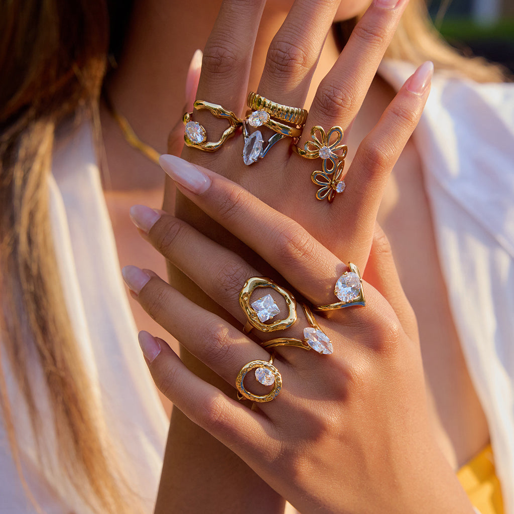 18k Gold/Silver Tone Crystal Ring Set - Snake/Bow/Irregular Designs | INS-Style Stackable Daily/Brunch Finger Jewelry for Women