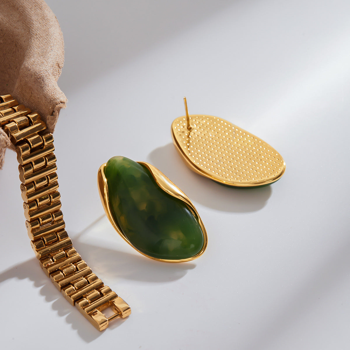 Gold Frame Irregular Gem Drop Earrings - White/Amber/Green/Pink Resin Stone Options | Retro Organic Statement Jewelry for Women (Daily/Brunch/Casual Wear)