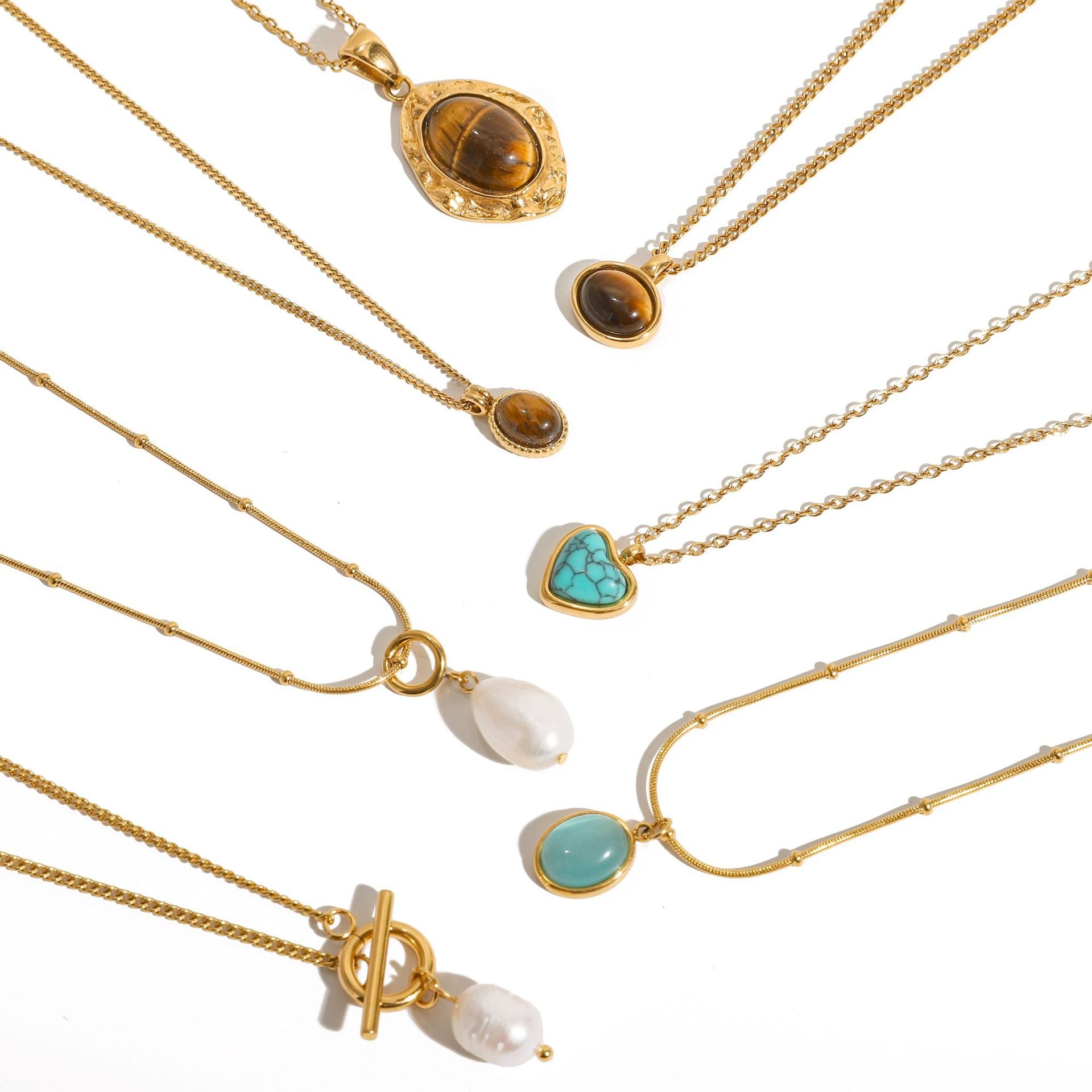 Gold Multi-Style Pendant Necklace Set - Tiger Eye/Turquoise/Pearl Natural Stone Accents | Retro Elegant Daily/Brunch Neck Jewelry for Women (Varied Chain Designs)