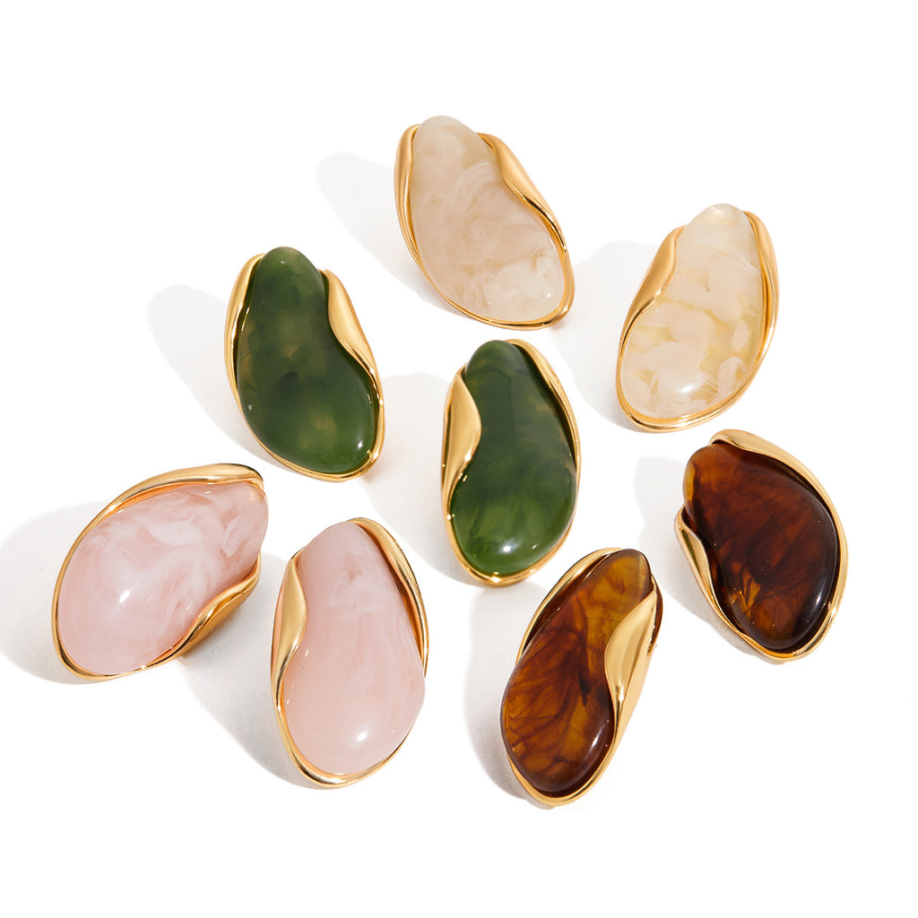 Gold Frame Irregular Gem Drop Earrings - White/Amber/Green/Pink Resin Stone Options | Retro Organic Statement Jewelry for Women (Daily/Brunch/Casual Wear)