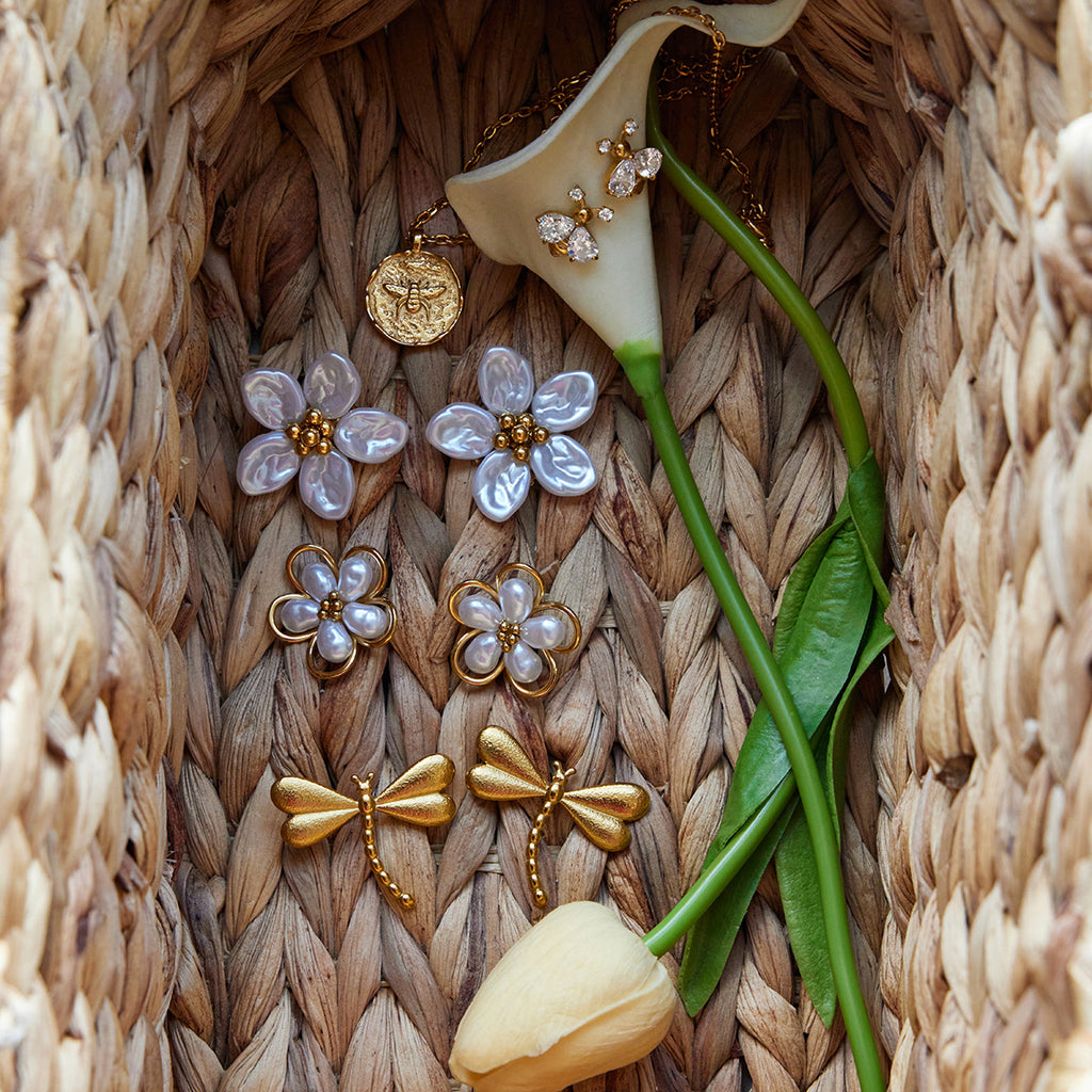 Gold Floral & Pearl Earring Set - Multi-Style Blossom/Leaf/Geometric Designs | Retro Elegant Daily/Brunch Jewelry for Women (Glossy Gold + Pearl/Floral Accents)