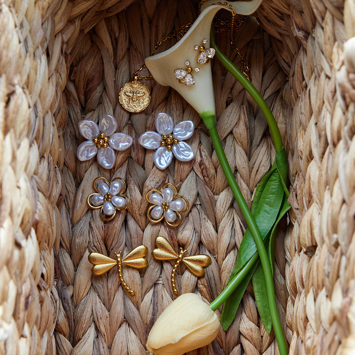 Gold Floral & Pearl Earring Set - Multi-Style Blossom/Leaf/Geometric Designs | Retro Elegant Daily/Brunch Jewelry for Women (Glossy Gold + Pearl/Floral Accents)