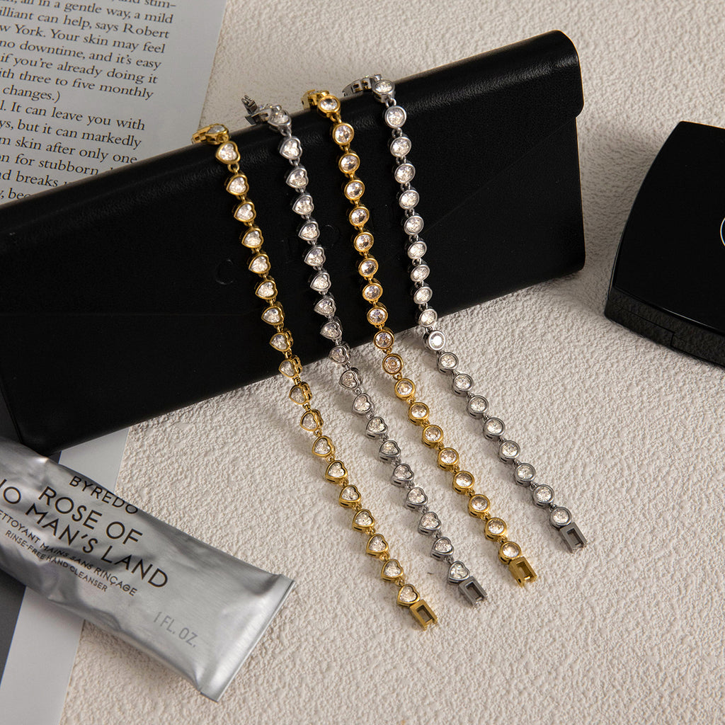 18k Gold/Silver Tone Crystal Bracelet Set - Heart/Round Accents | INS-Style Stackable Daily/Brunch Wrist Jewelry for Women