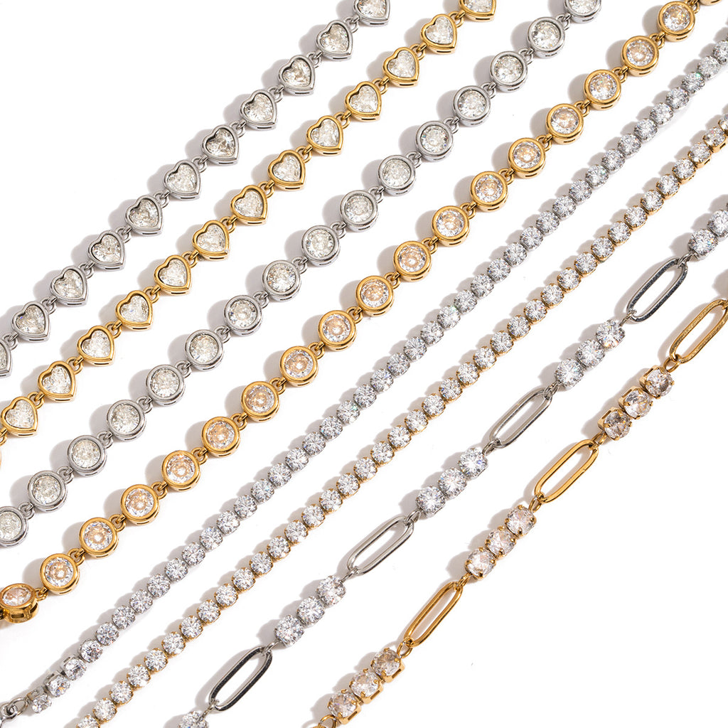 18k Gold/Silver Tone Crystal Bracelet Set - Heart/Round Accents | INS-Style Stackable Daily/Brunch Wrist Jewelry for Women