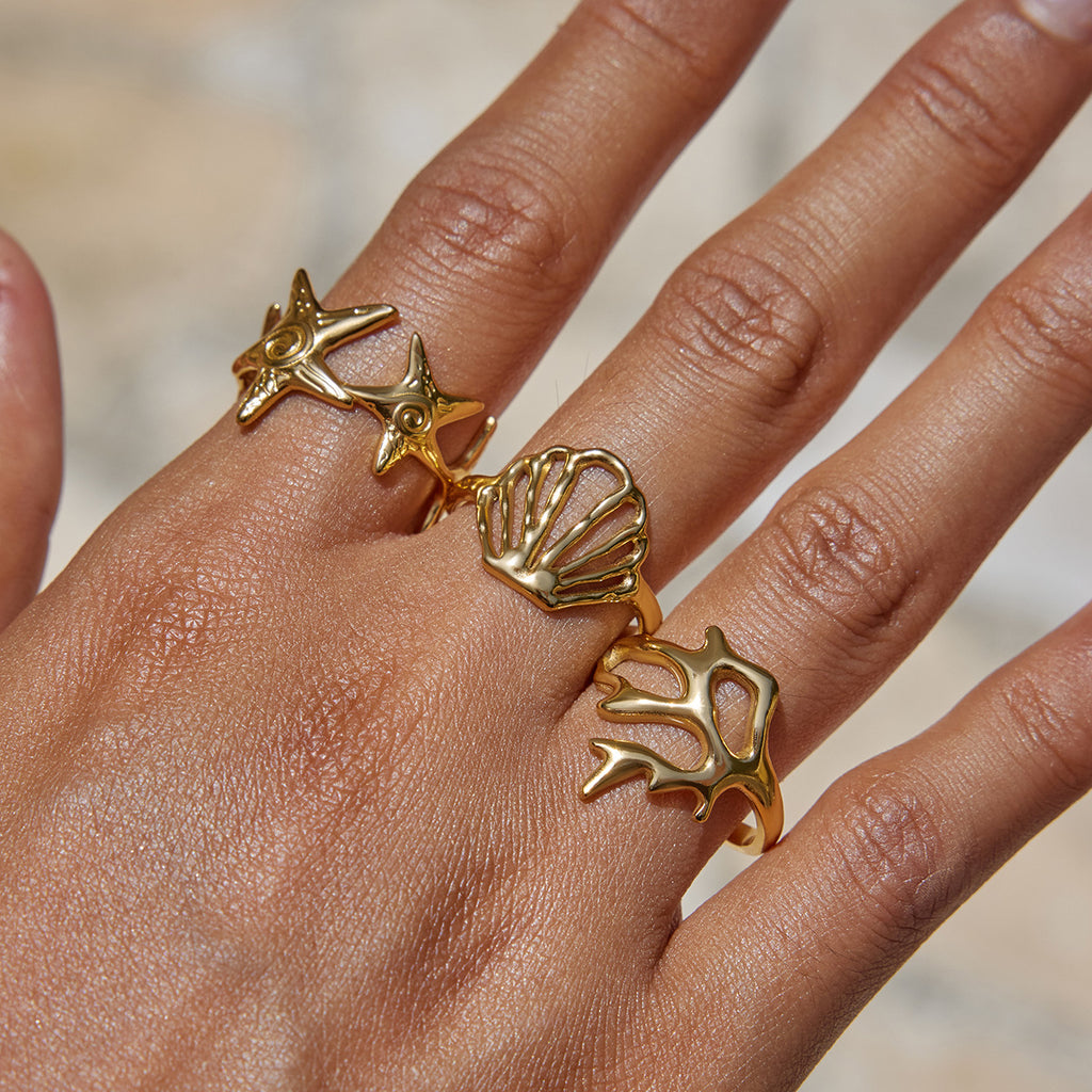Gold Coastal-Chic Jewelry Set - Starfish/Shell/Coral Rings & Bracelet | Bold Ocean Motif Statement Accessories for Women (Beach/Daily/Brunch Wear)
