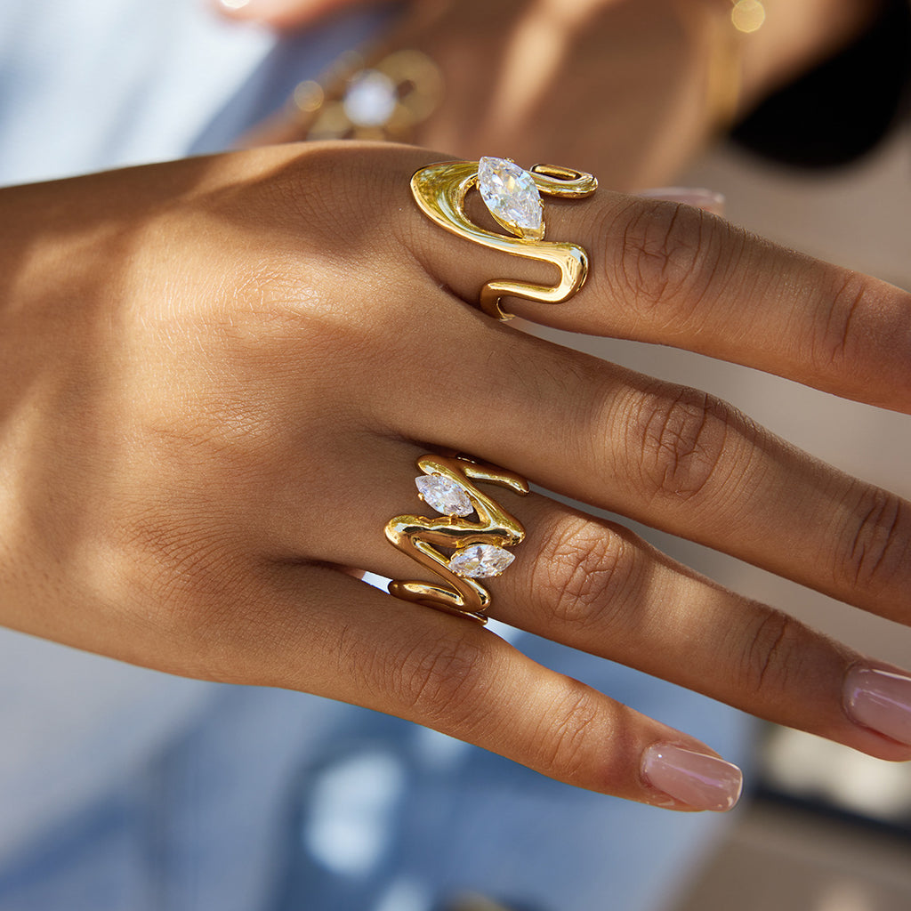 18k Gold Tone Crystal Ring Set - Bow/Heart/Letter/Arrow Designs | INS-Style Stackable Daily/Brunch Finger Jewelry for Women