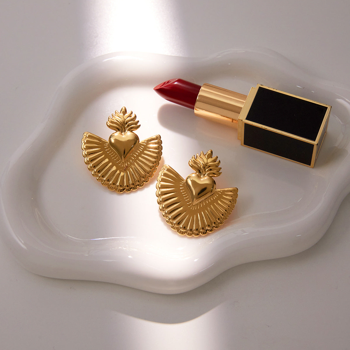 Artistic Golden Sacred Heart Statement Earrings - Vintage-Inspired Bold Jewelry for Women