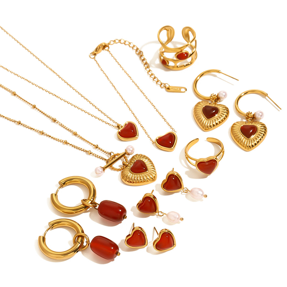 18k Gold Tone Red Heart Gem Jewelry Set - Pearl Accent Necklace/Earrings/Rings | INS-Style Daily/Brunch Accessories for Women
