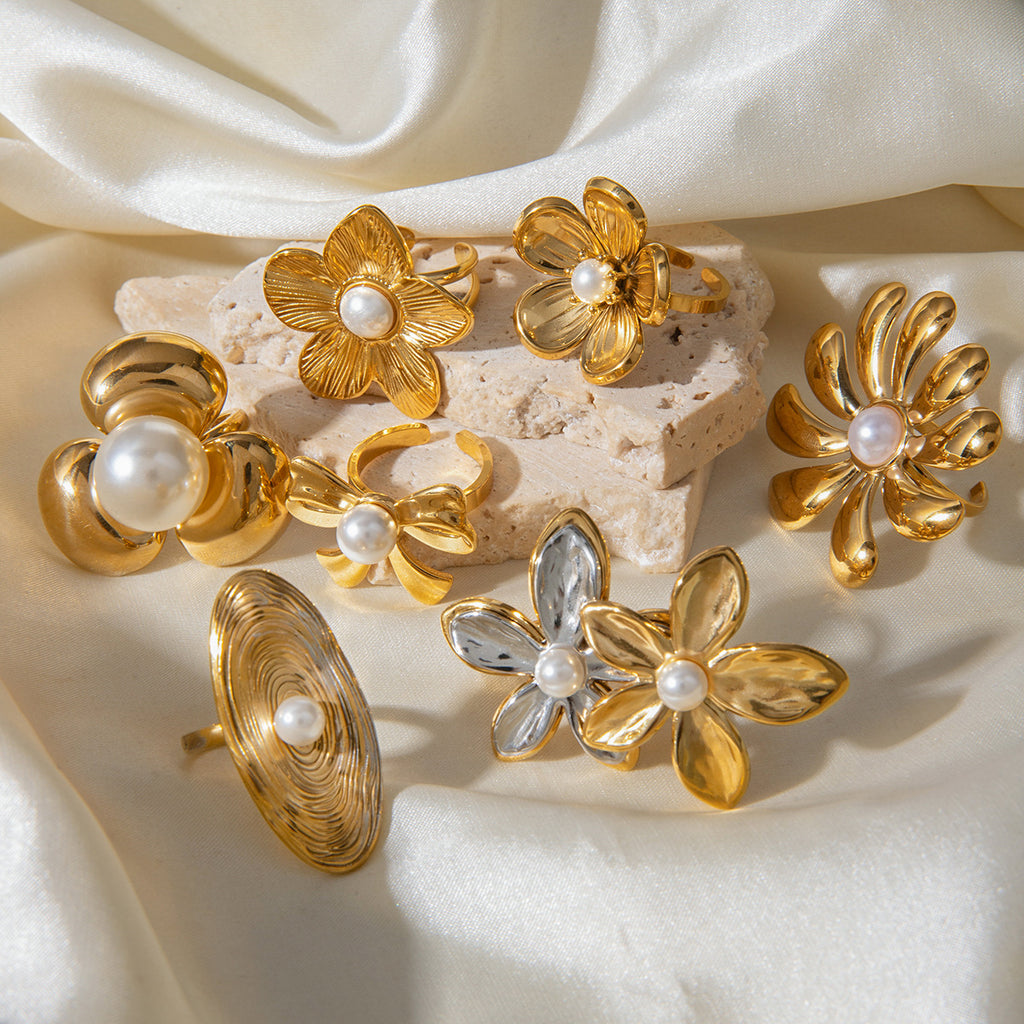 18k Gold Tone Pearl-Accent Ring Set - Flower/Bow/Spiral Designs | INS-Style Stackable Daily/Brunch Finger Jewelry for Women