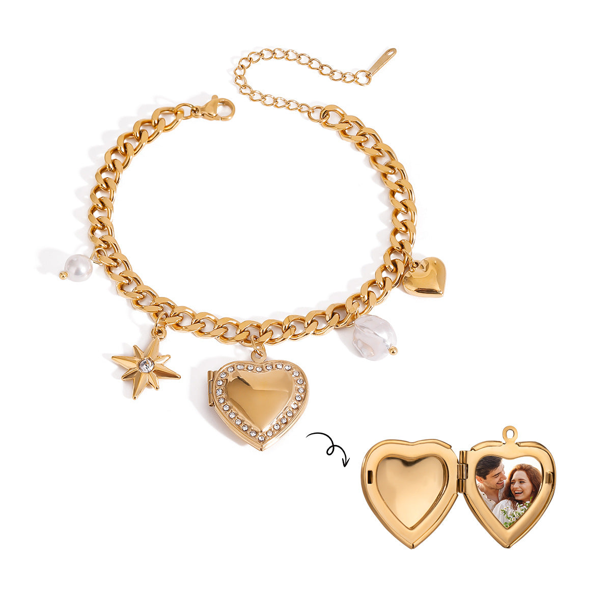 18k Gold Tone Heart Pendant Bracelet Set - Pearl/Star/Bow Charms | INS-Style Stackable Daily/Brunch Wrist Jewelry for Women