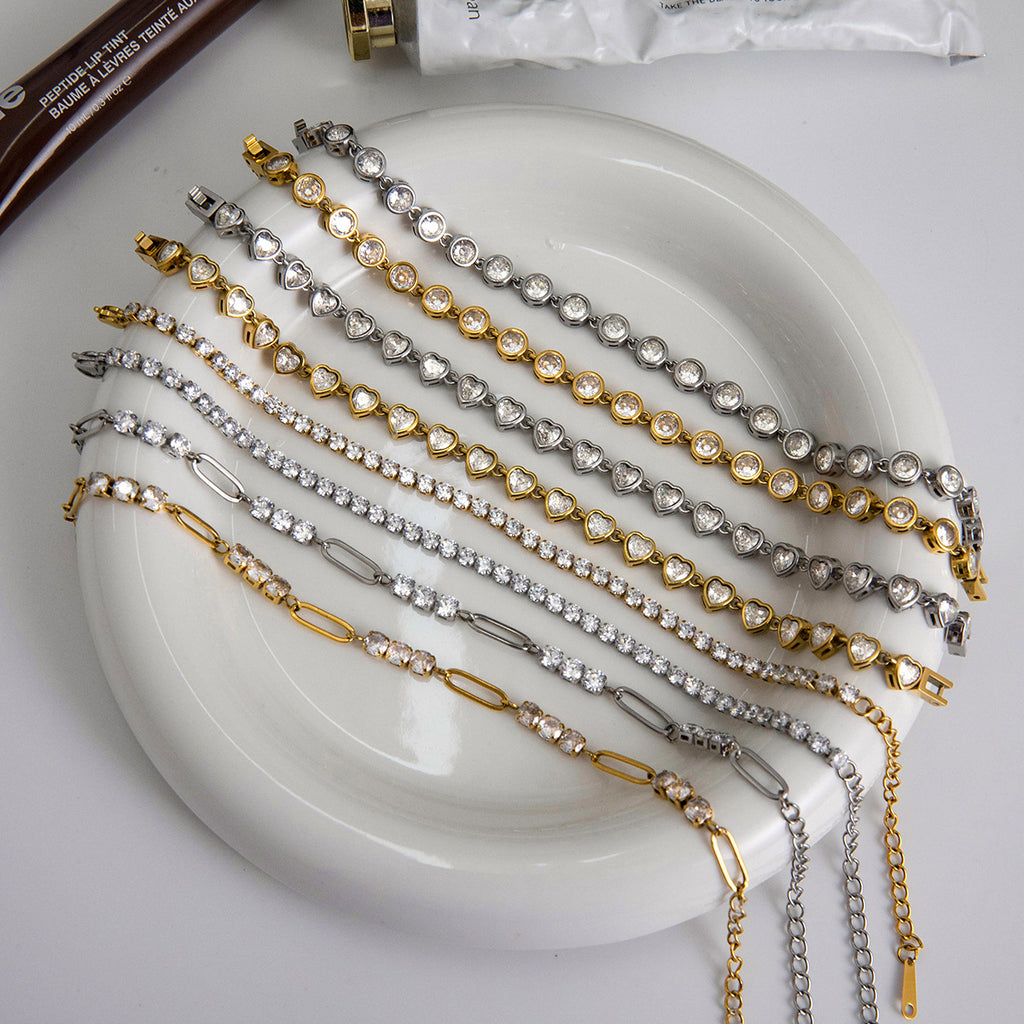 18k Gold/Silver Tone Crystal Bracelet Set - Heart/Round Accents | INS-Style Stackable Daily/Brunch Wrist Jewelry for Women