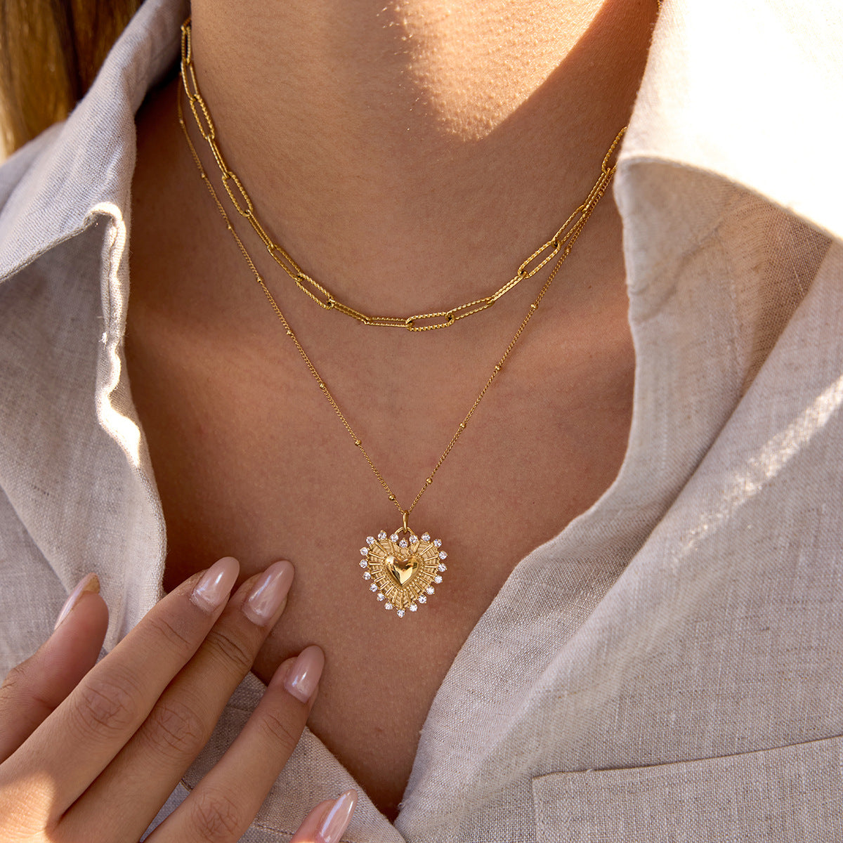 18k Gold Tone Double Layer Necklace Set - Heart Crystal Pendant & Snake Chain Choker | INS-Style Daily/Brunch Neck Jewelry for Women