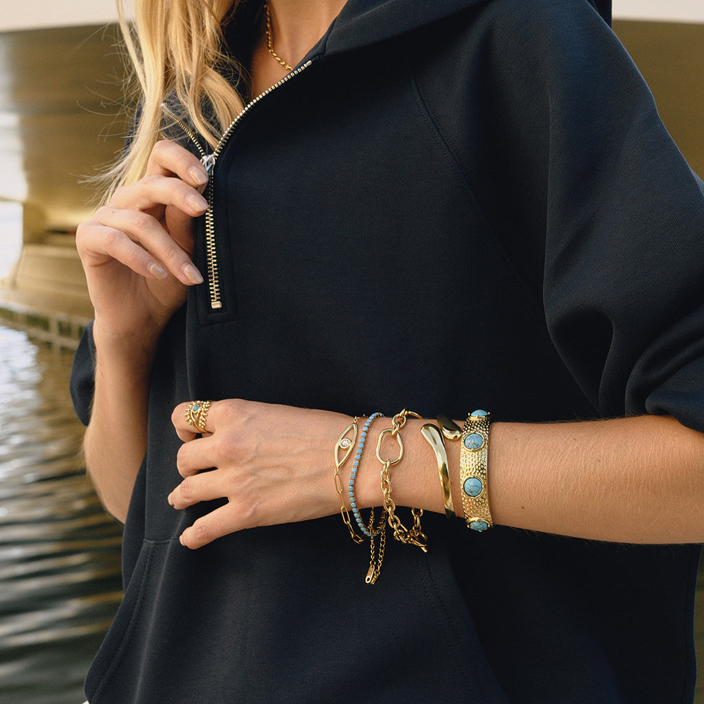 Gold Evil Eye Turquoise Jewelry Set - Layered Bracelets (Chain/Cuff) & Statement Ring | Boho Chic Statement Accessories for Women