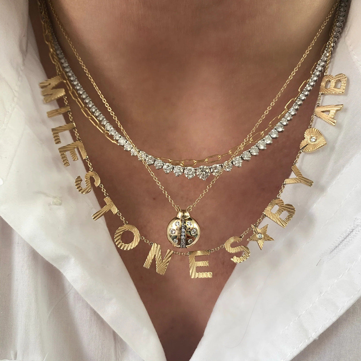 Gold Layered Necklace & Ladybug Earring Set - CZ Turquoise Statement Jewelry for Women