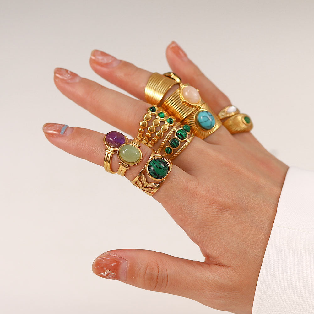 Gold Gemstone Statement Ring Set - Turquoise/Malachite/Tiger Eye | Retro Boho Stackable Daily/Brunch Finger Jewelry for Women