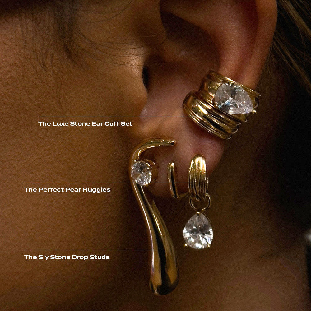 Gold Crystal Ear Set - Stone Cuff/Pear Huggies/Drop Studs | 18k Gold Tone INS-Style Daily/Brunch Ear Jewelry for Women