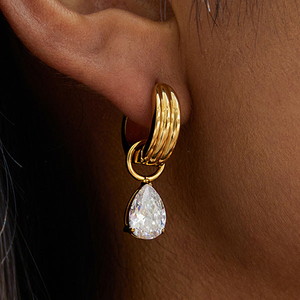 Gold Crystal Ear Set - Stone Cuff/Pear Huggies/Drop Studs | 18k Gold Tone INS-Style Daily/Brunch Ear Jewelry for Women