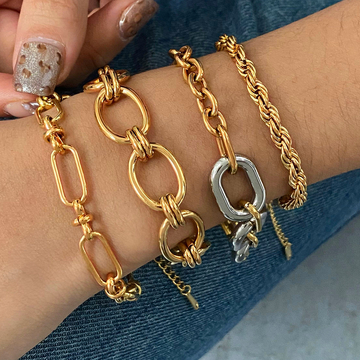 Gold & Silver Multi-Chain Bracelet Set - Oval/Twist/Link Chain Designs | Modern Layered Wrist Jewelry for Women (Daily/Brunch/Casual Wear)