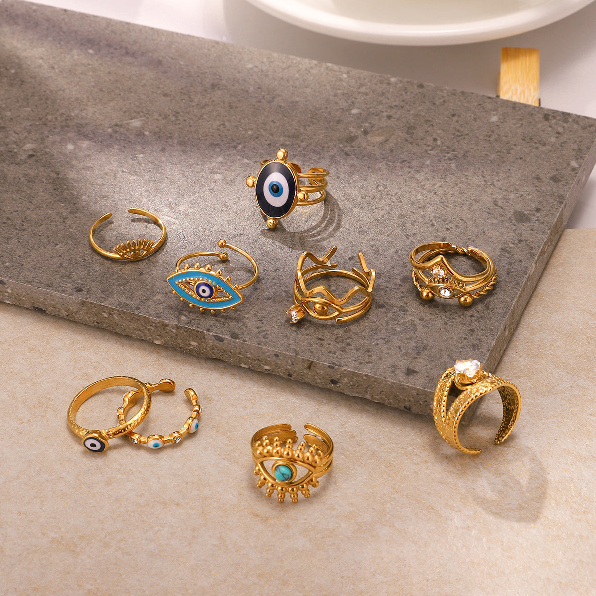 18k Gold Tone Evil Eye Ring Set - Crystal/Colorful Eye Designs | INS-Style Stackable Daily/Brunch Finger Jewelry for Women