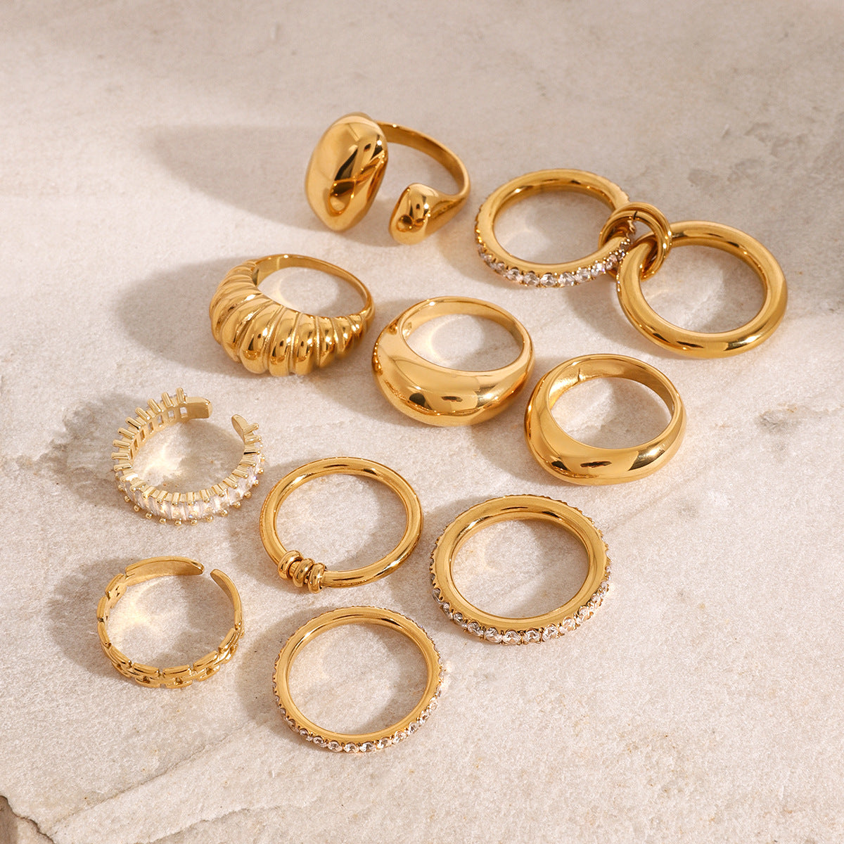 Chunky Gold Ring Set - Stackable Statement Rings with Textured & Crystal-Embellished Designs for Women
