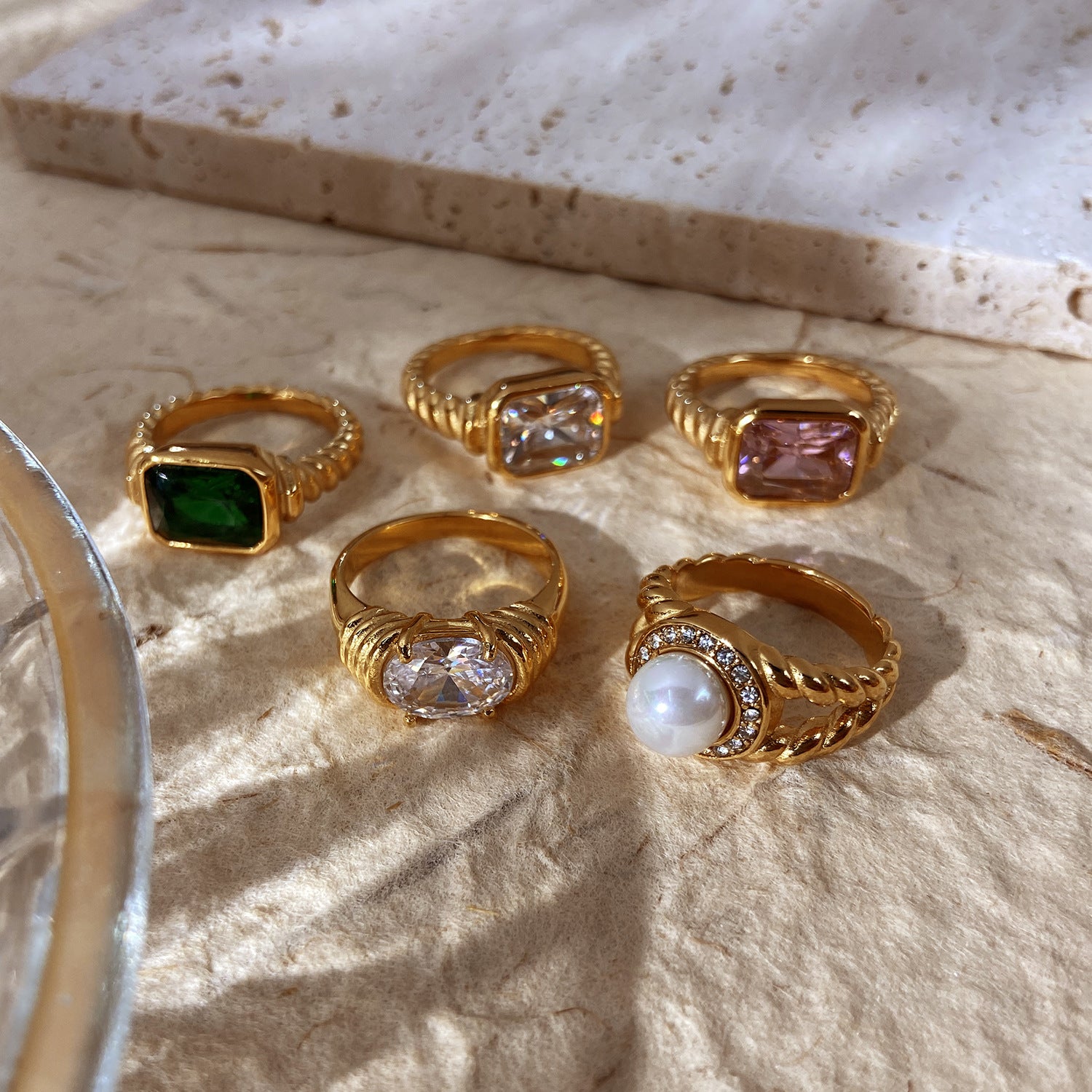 18k Gold Tone Ring Set - Emerald/Sapphire/Pearl/Star Designs | INS-Style Stackable Daily/Brunch Finger Jewelry for Women