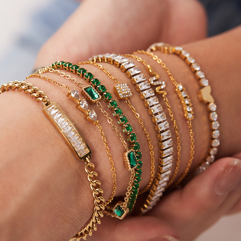 Gold Layered Bracelet Set - Emerald & Diamond Accents | Luxury Multi-Strand Statement Jewelry for Women (Daily/Party Wear)