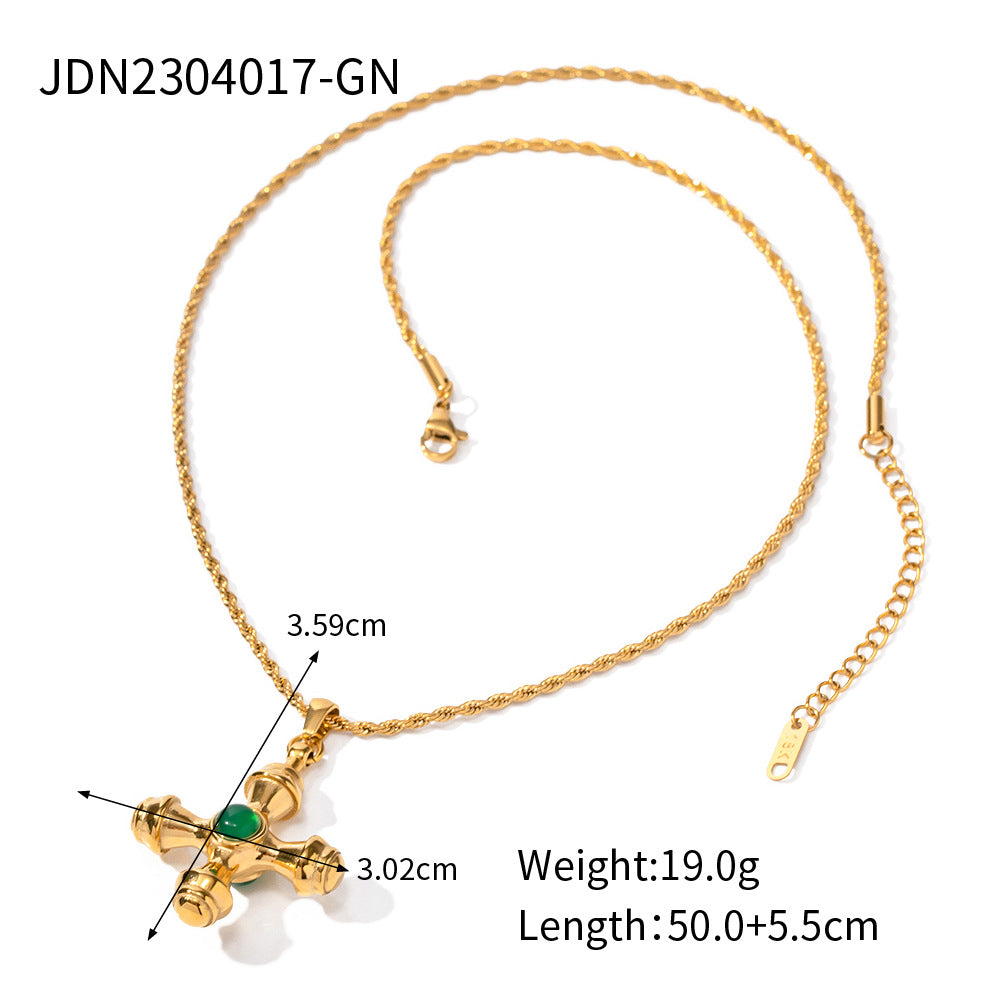 Gold Cross Pendant Necklace Set - Green Agate/Amber Stones | 18k Gold Tone INS-Style Daily/Brunch Neck Jewelry for Women