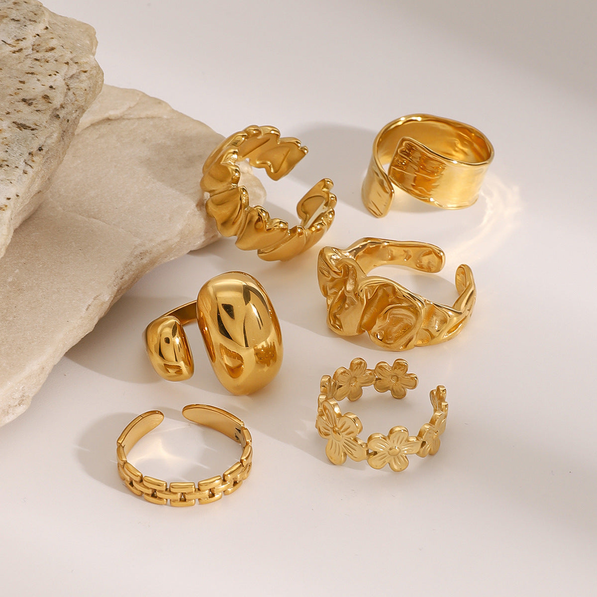 18k Gold Tone Stackable Ring Set - Floral/Irregular/Chain Designs | INS-Style Daily/Brunch Finger Jewelry for Women