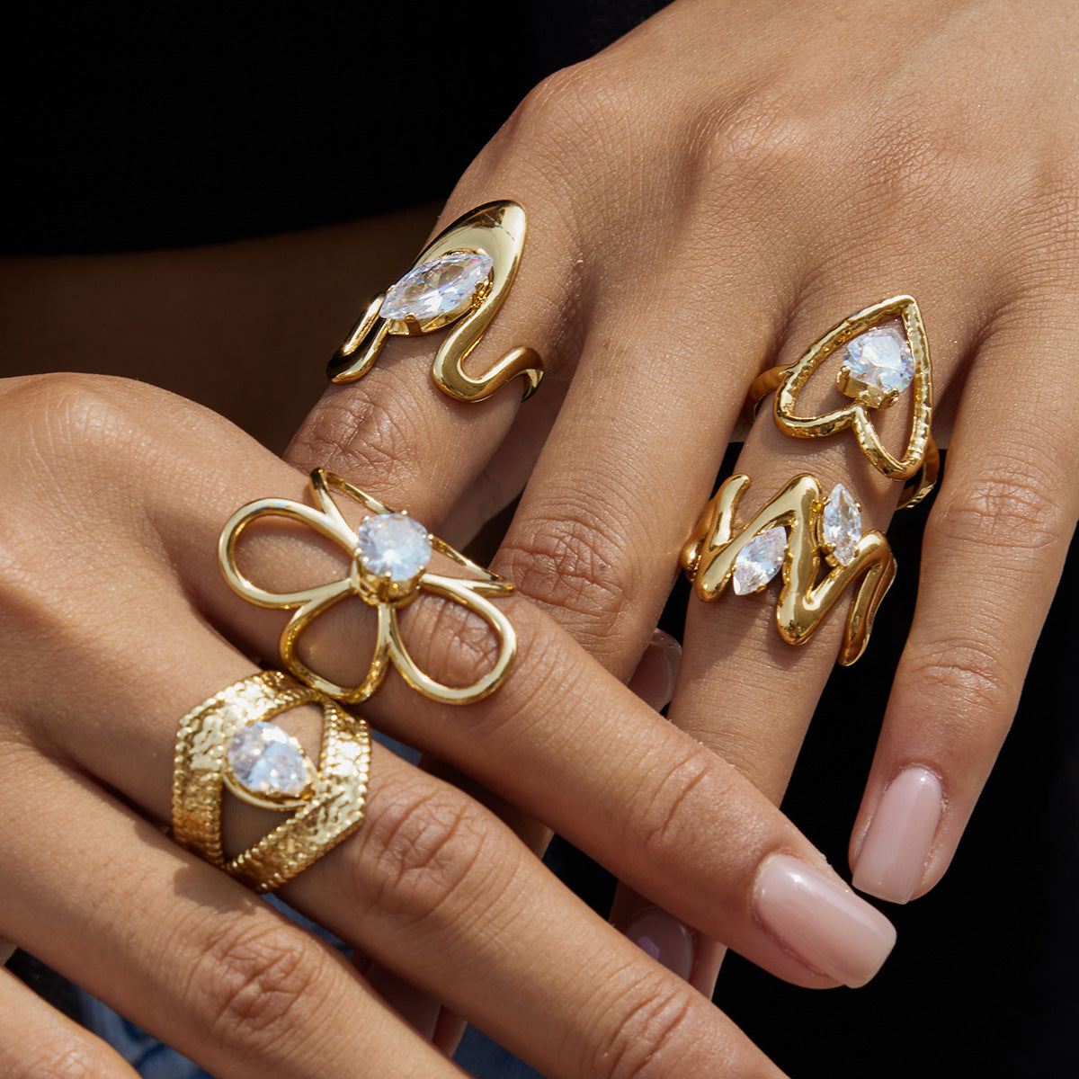 18k Gold Tone Crystal Ring Set - Bow/Heart/Letter/Arrow Designs | INS-Style Stackable Daily/Brunch Finger Jewelry for Women