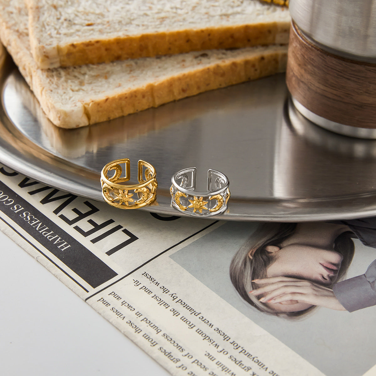 Gold & Silver Celestial Ring Set - Sun/Moon/Star Charms | Boho Layered Statement Jewelry for Women (Daily/Casual/Boho Outfit Wear)