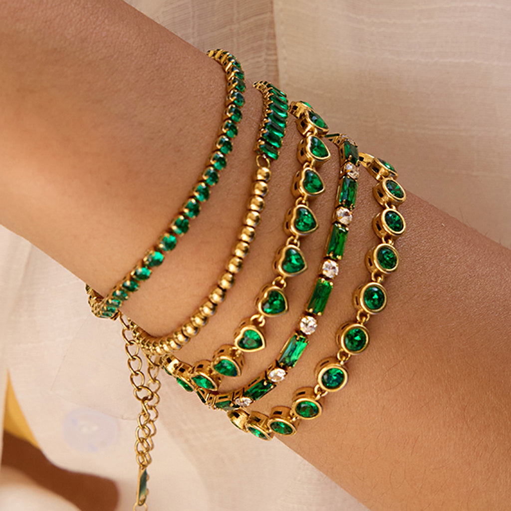 18k Gold Tone Emerald Bracelet Set - Heart/Square Gem Designs | INS-Style Stackable Daily/Brunch Wrist Jewelry for Women
