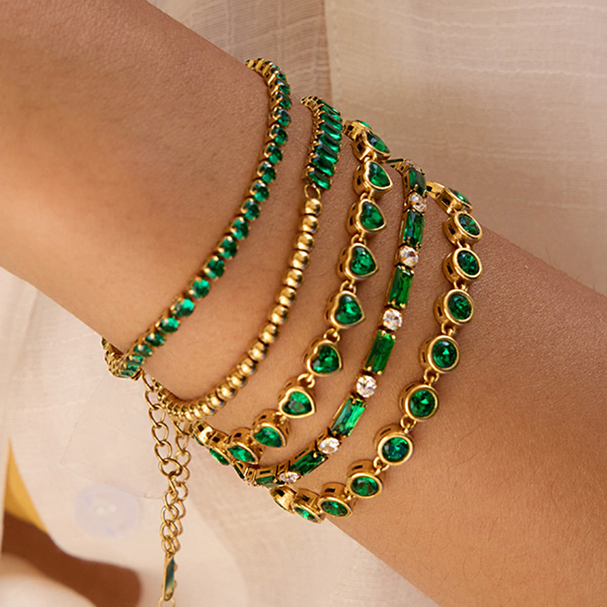 18k Gold Tone Emerald Bracelet Set - Heart/Square Gem Designs | INS-Style Stackable Daily/Brunch Wrist Jewelry for Women