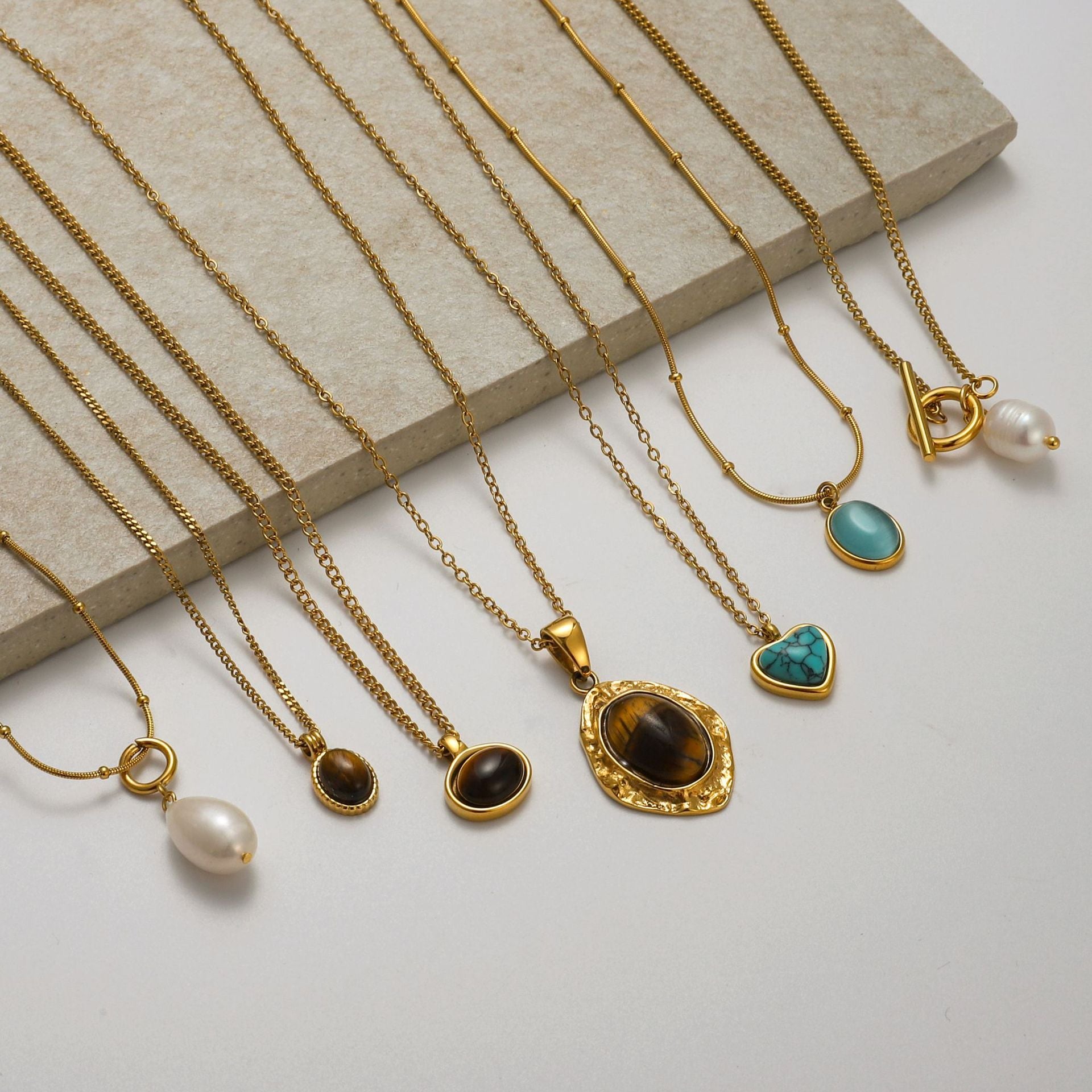 Gold Multi-Style Pendant Necklace Set - Tiger Eye/Turquoise/Pearl Natural Stone Accents | Retro Elegant Daily/Brunch Neck Jewelry for Women (Varied Chain Designs)
