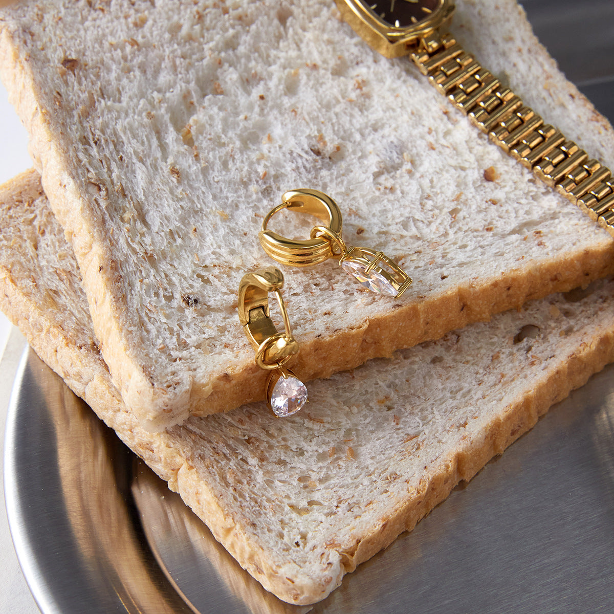 Gold Crystal Ear Set - Stone Cuff/Pear Huggies/Drop Studs | 18k Gold Tone INS-Style Daily/Brunch Ear Jewelry for Women