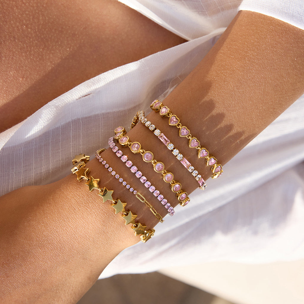 18k Gold Tone Bracelet Set - Star/Pink Crystal/Heart Designs | INS-Style Stackable Daily/Brunch Wrist Jewelry for Women