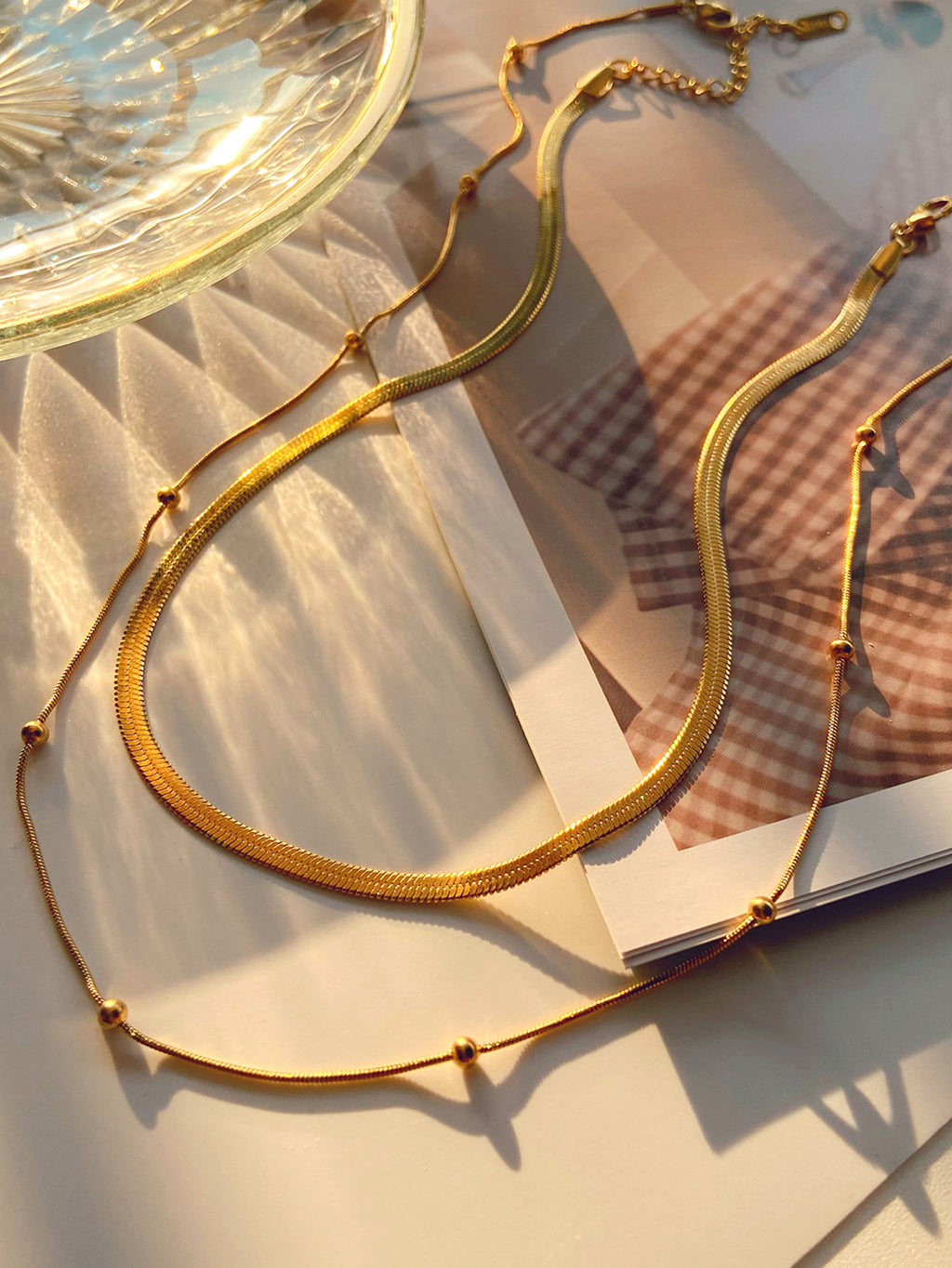 Gold Double-Layer Choker Necklace Set - Snake Chain & Beaded Detail | Modern Minimalist Daily/Brunch Neck Jewelry for Women (Glossy Gold Layered Style)