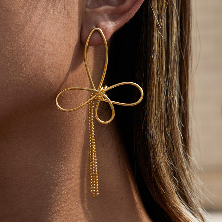 Gold Butterfly Tassel Chain Long Drop Earrings - Sleek Open-Design Statement Jewelry for Women