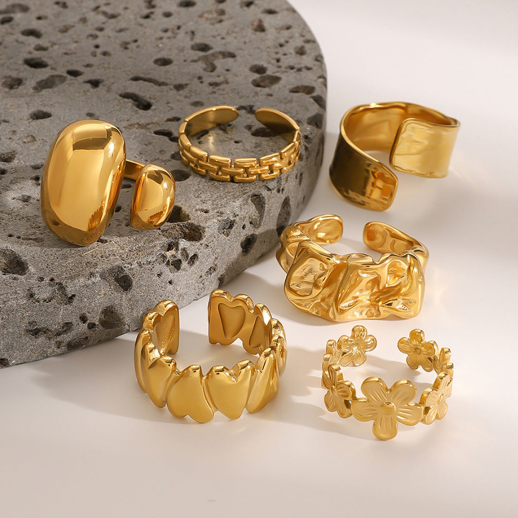 18k Gold Tone Stackable Ring Set - Floral/Irregular/Chain Designs | INS-Style Daily/Brunch Finger Jewelry for Women