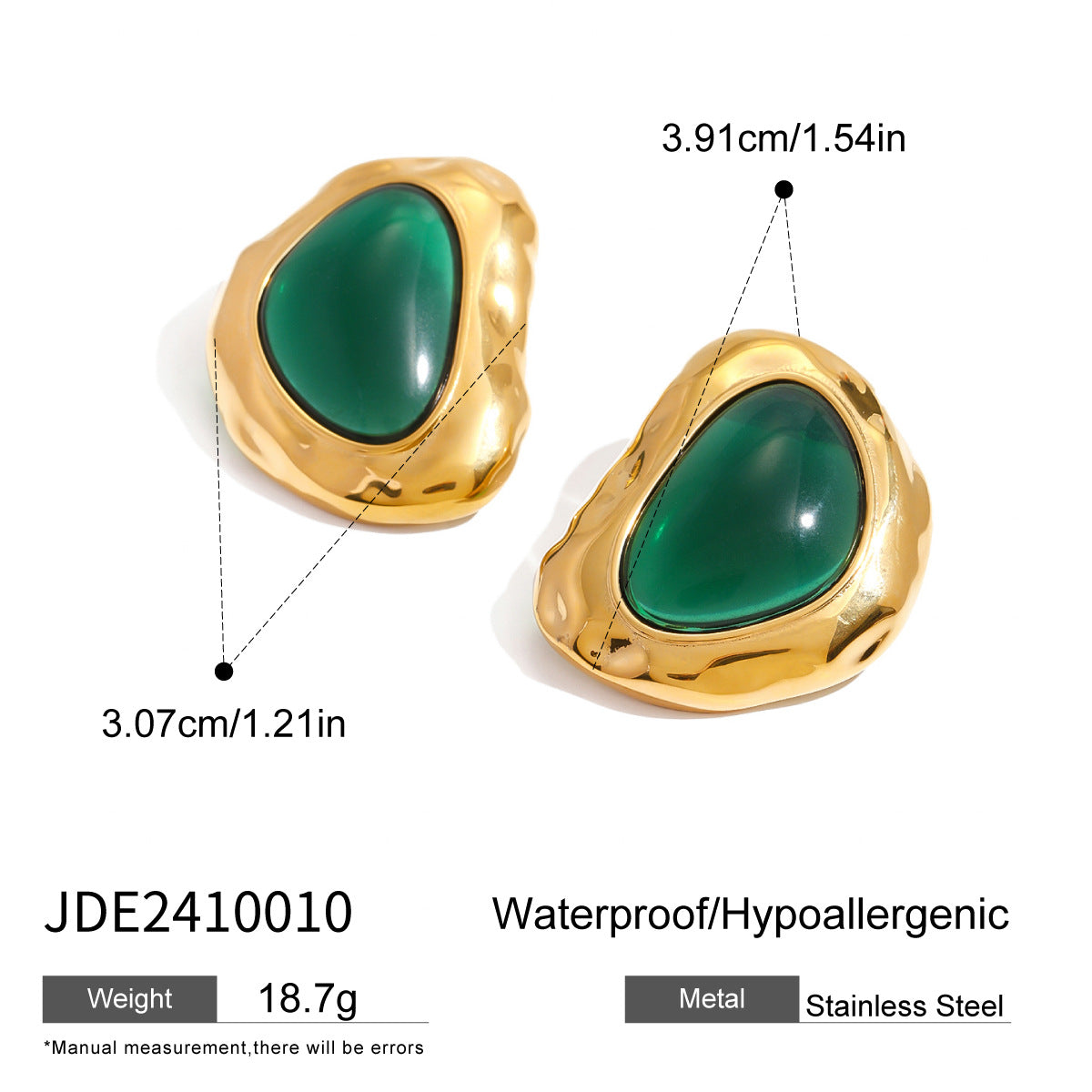 Gold Irregular Texture Emerald Stud Earrings - Bold Organic-Style Statement Jewelry for Women (Party/Formal/Casual Glam Wear)