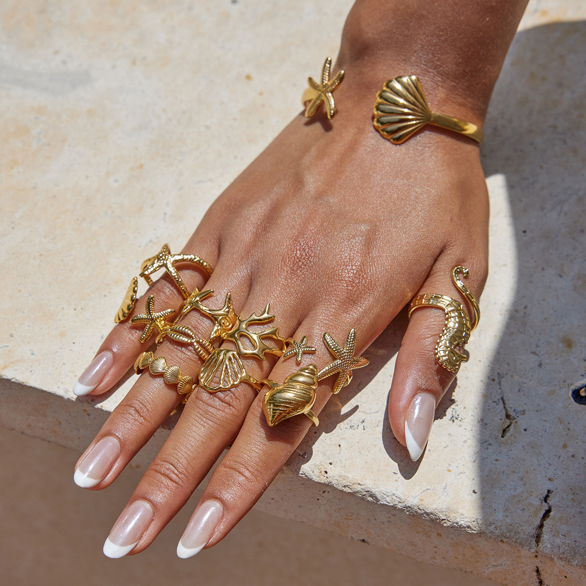 Gold Coastal-Chic Jewelry Set - Starfish/Shell/Coral Rings & Bracelet | Bold Ocean Motif Statement Accessories for Women (Beach/Daily/Brunch Wear)