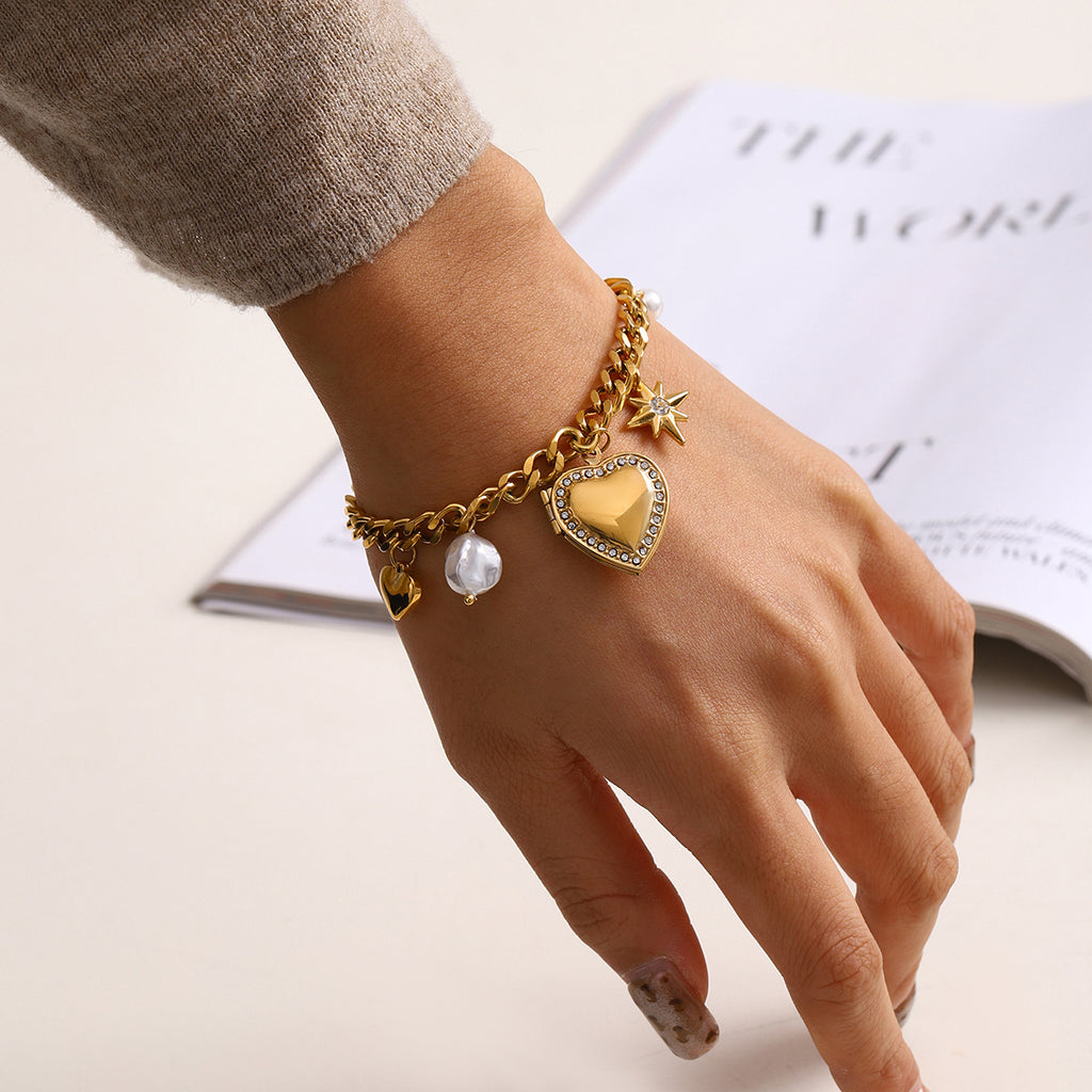 18k Gold Tone Heart Pendant Bracelet Set - Pearl/Star/Bow Charms | INS-Style Stackable Daily/Brunch Wrist Jewelry for Women